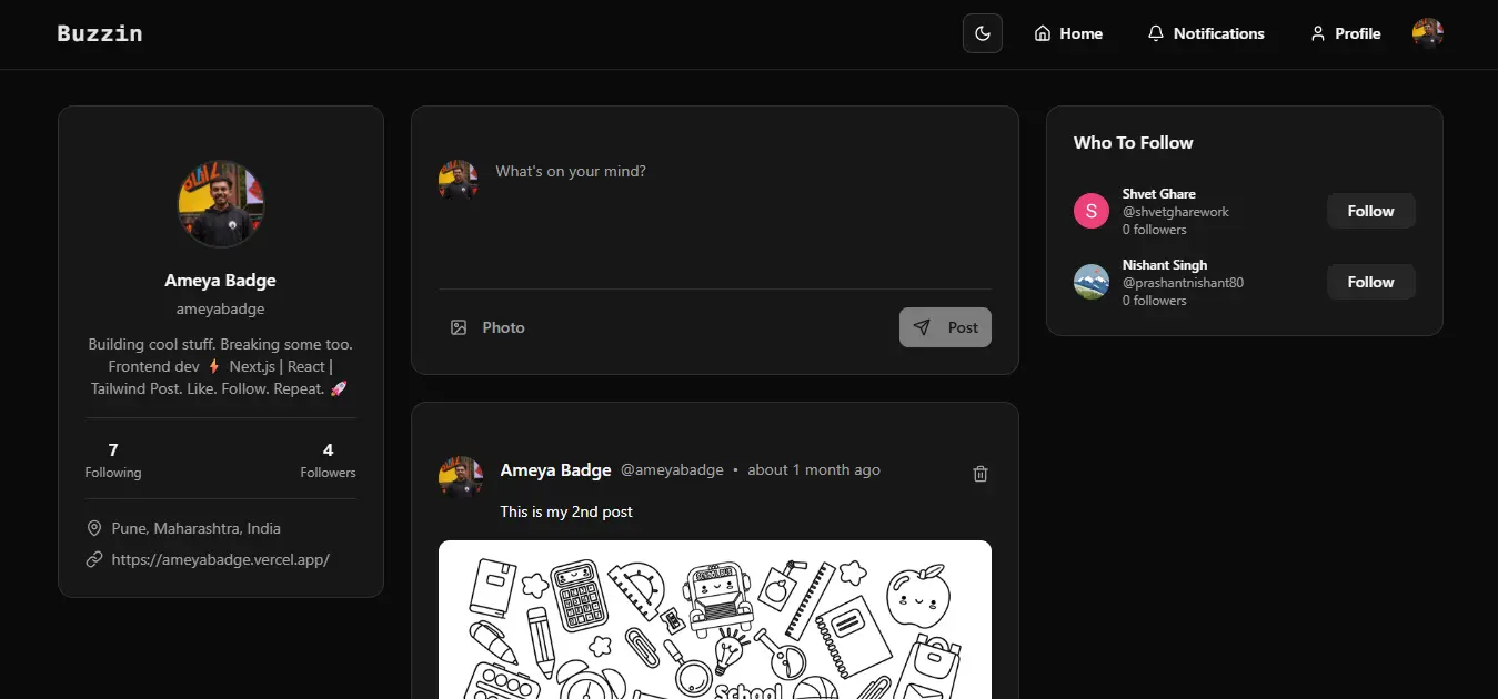 Buzzin - Modern Social Media Platform built with Next.js 15 by Ameya Badge